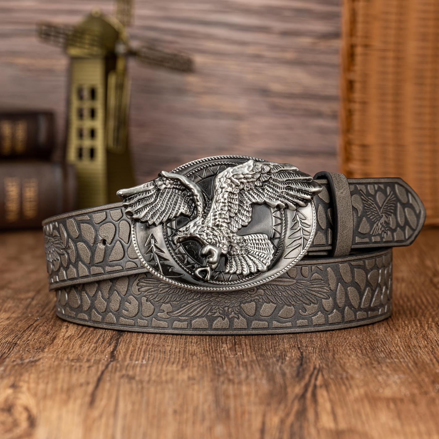 Large Oval Eagle Buckle Belt Embossed PU Leather